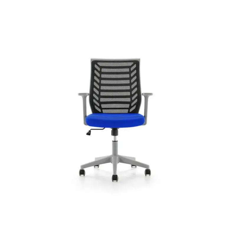 SILLA ROCADA DE OFICINA BRAZOS REGULABLES ESTRUCTURA GRIS RESPALDO MALLA Y ASIENTO TELA IGNIFUGA AZUL