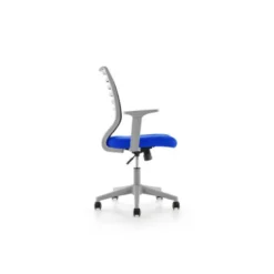 SILLA ROCADA DE OFICINA BRAZOS REGULABLES ESTRUCTURA GRIS RESPALDO MALLA Y ASIENTO TELA IGNIFUGA AZUL