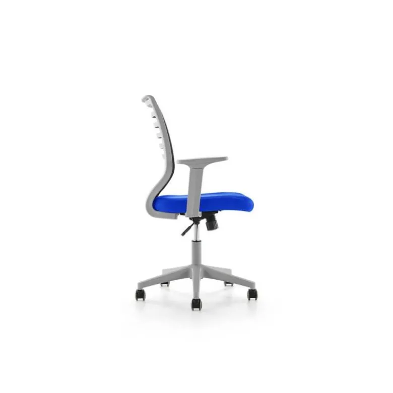 SILLA ROCADA DE OFICINA BRAZOS REGULABLES ESTRUCTURA GRIS RESPALDO MALLA Y ASIENTO TELA IGNIFUGA AZUL