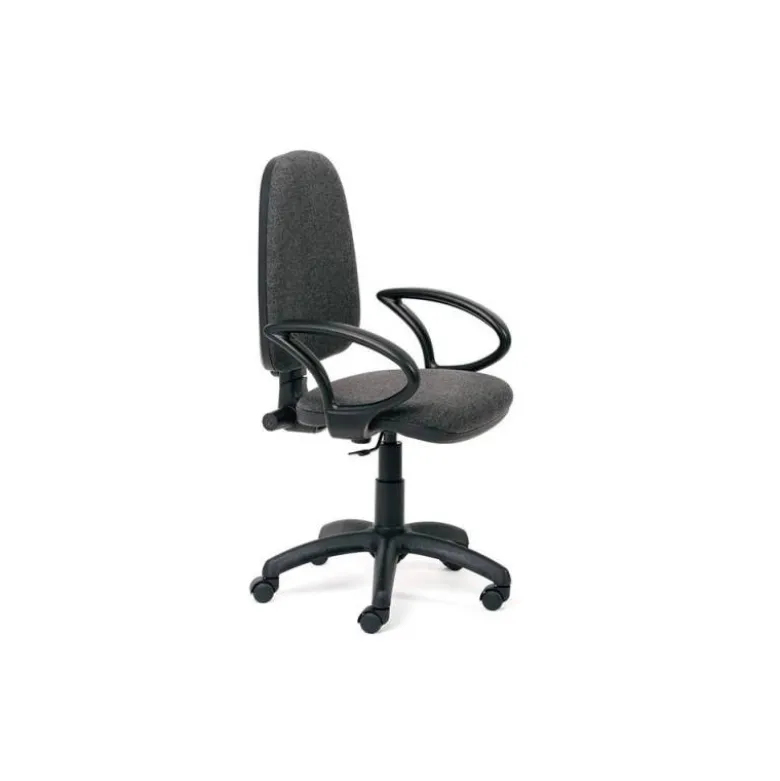 SILLA ROCADA DE OFICINA BRAZOS FIJOS BASE NYLON RESPALDO Y ASIENTO TELA IGNIFUGA GRIS
