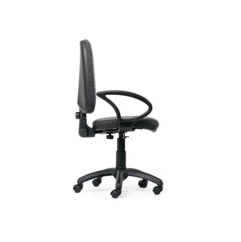 SILLA ROCADA DE OFICINA BRAZOS FIJOS BASE NYLON RESPALDO Y ASIENTO TELA IGNIFUGA GRIS