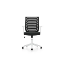 SILLA ROCADA DE OFICINA BRAZOS REGULABLES ESTRUCTURA BLANCA RESPALDO MALLA Y ASIENTO TELA IGNIFUGA AZUL