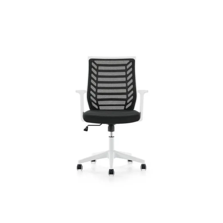 SILLA ROCADA DE OFICINA BRAZOS REGULABLES ESTRUCTURA BLANCA RESPALDO MALLA Y ASIENTO TELA IGNIFUGA AZUL