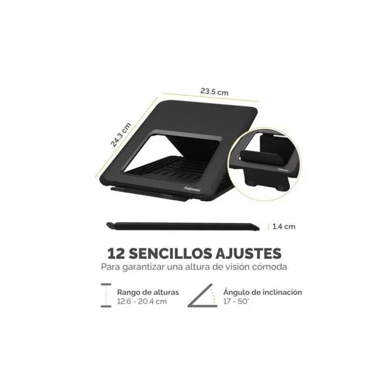SOPORTE ELEVADOR FELLOWES BREYTA PARA PORTATIL 14" PLASTICO RECICLADO COLOR NEGRO 14X235X268 MM