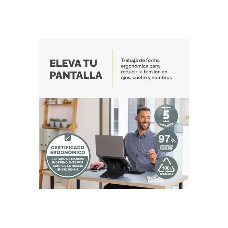 SOPORTE ELEVADOR FELLOWES BREYTA PARA PORTATIL 14" PLASTICO RECICLADO COLOR NEGRO 14X235X268 MM