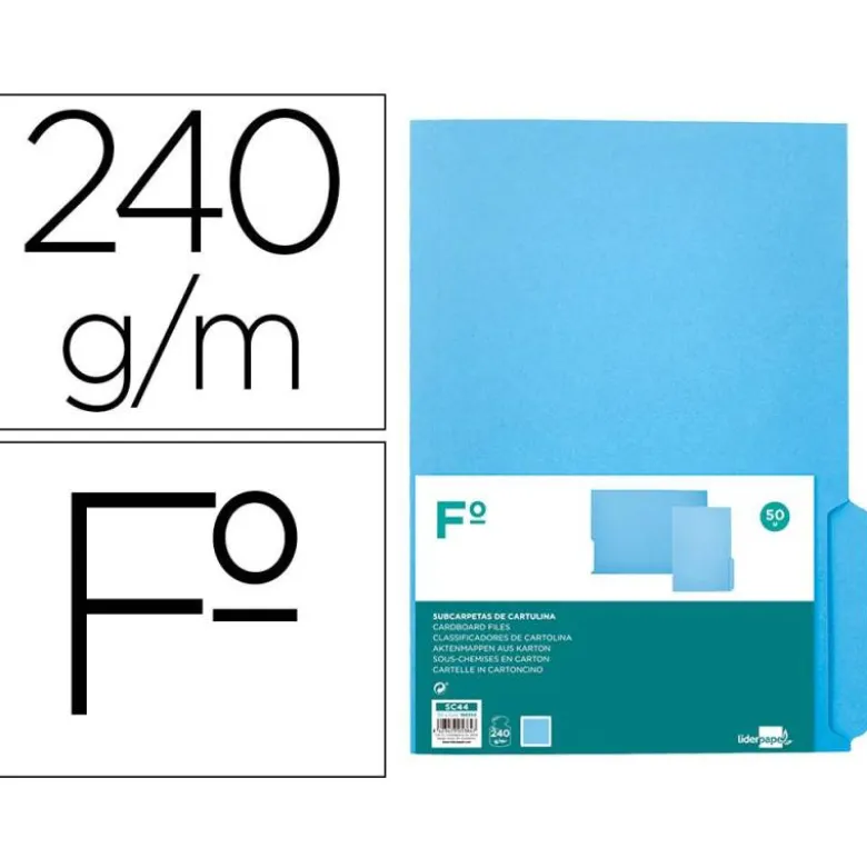 SUBCARPETA CARTULINA LIDERPAPEL FOLIO PESTAÑA INFERIOR 240G/M2 AZUL