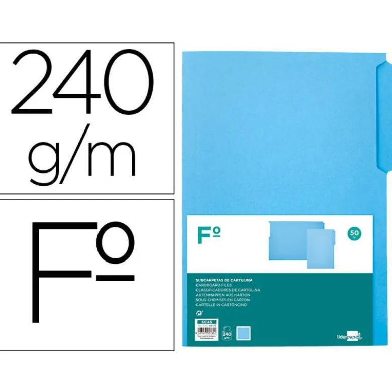 SUBCARPETA CARTULINA LIDERPAPEL FOLIO PESTAÑA SUPERIOR 240G/M2 AZUL
