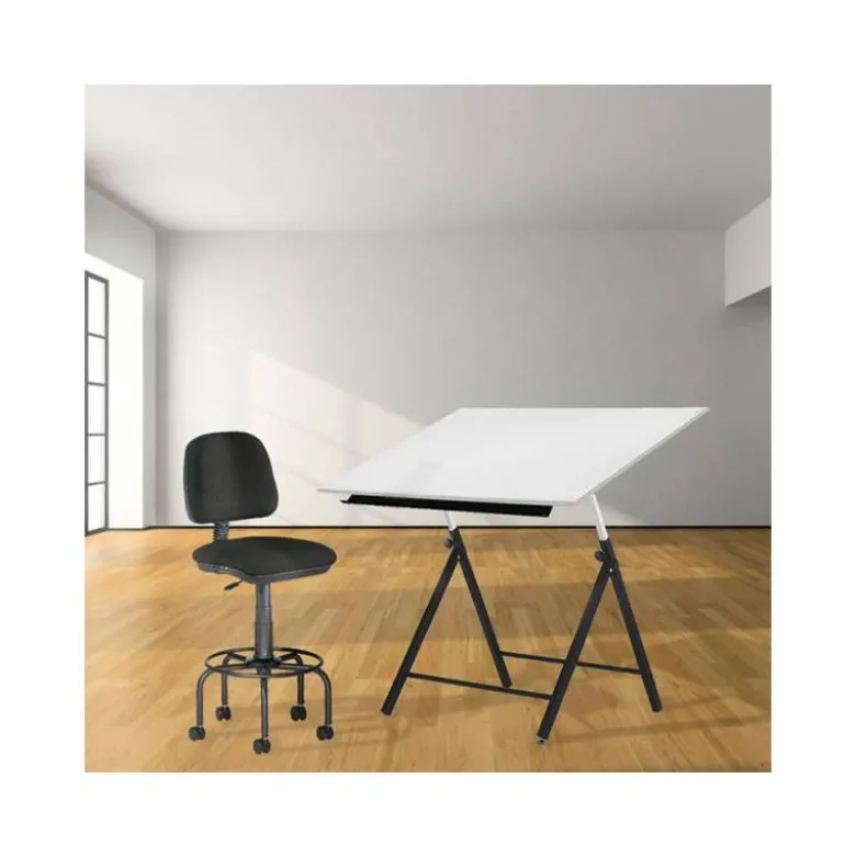 Taburete con ruedas y respaldo rocada para mesa de dibujo negro regulable en altura hasta 725 mm tela ignifuga
