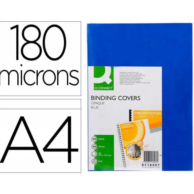 TAPA DE ENCUADERNACION Q-CONNECT PVC DIN A4 OPACA AZUL 180 MICRAS CAJA 100 UNIDADES