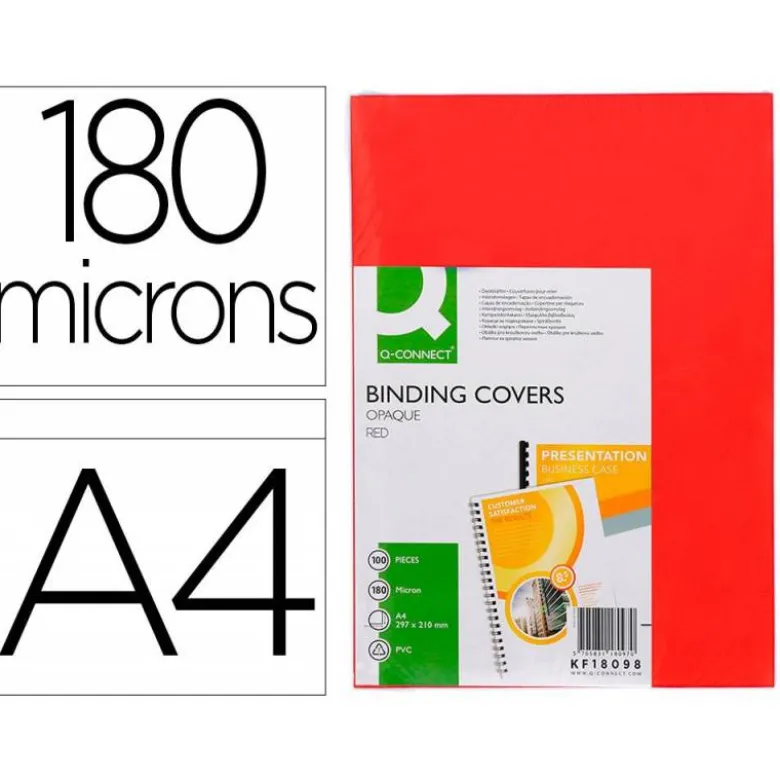 TAPA DE ENCUADERNACION Q-CONNECT PVC DIN A4 OPACA ROJO 180 MICRAS CAJA 100 UNIDADES