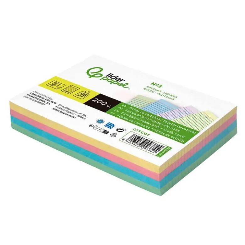 TARJETA LIDERPAPEL PARA ESTUDIAR RAYADA CARTULINA DE COLORES 170 GR/M2 100X150MM PAQUETE DE 200 UNIDADES