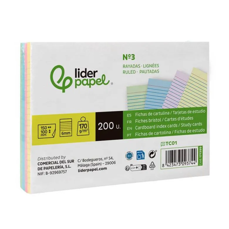TARJETA LIDERPAPEL PARA ESTUDIAR RAYADA CARTULINA DE COLORES 170 GR/M2 100X150MM PAQUETE DE 200 UNIDADES