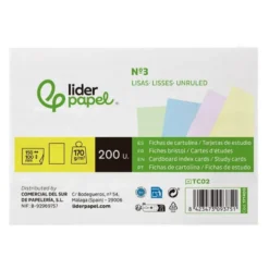 TARJETA LIDERPAPEL PARA ESTUDIAR LISA CARTULINA DE COLORES 170 GR/M2 100X150MM PAQUETE DE 200 UNIDADES