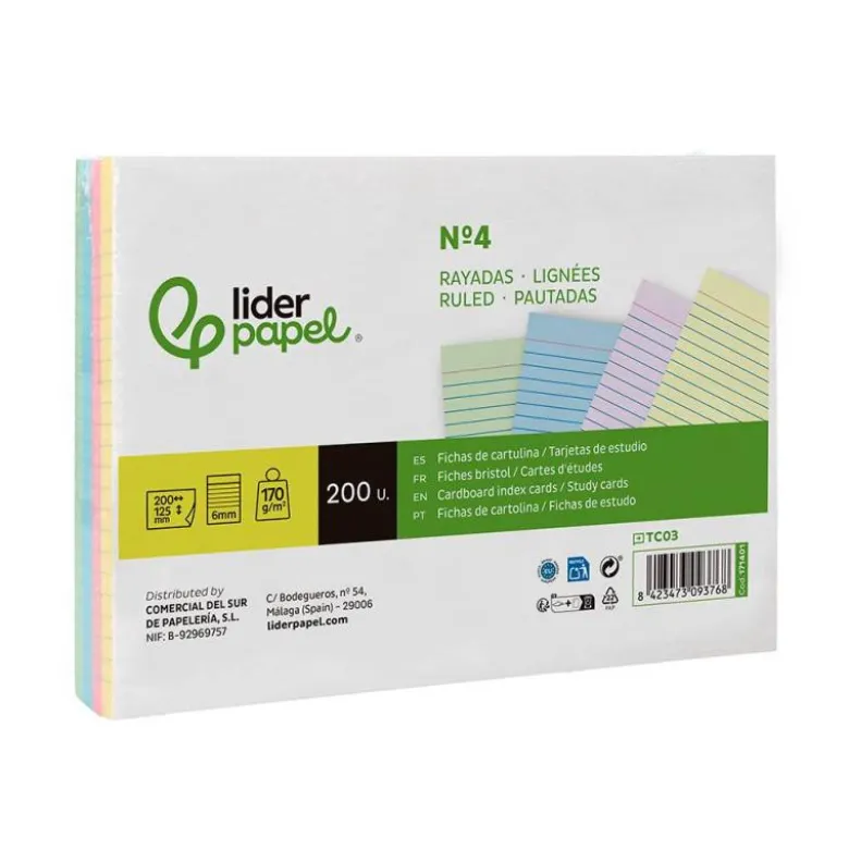 TARJETA LIDERPAPEL PARA ESTUDIAR RAYADA CARTULINA DE COLORES 170 GR/M2 125X200MM PAQUETE DE 200 UNIDADES
