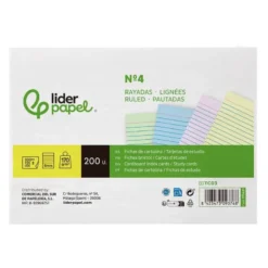 TARJETA LIDERPAPEL PARA ESTUDIAR RAYADA CARTULINA DE COLORES 170 GR/M2 125X200MM PAQUETE DE 200 UNIDADES