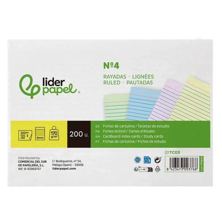 TARJETA LIDERPAPEL PARA ESTUDIAR RAYADA CARTULINA DE COLORES 170 GR/M2 125X200MM PAQUETE DE 200 UNIDADES