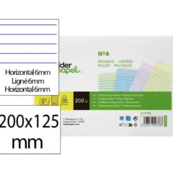 TARJETA LIDERPAPEL PARA ESTUDIAR RAYADA CARTULINA DE COLORES 170 GR/M2 125X200MM PAQUETE DE 200 UNIDADES