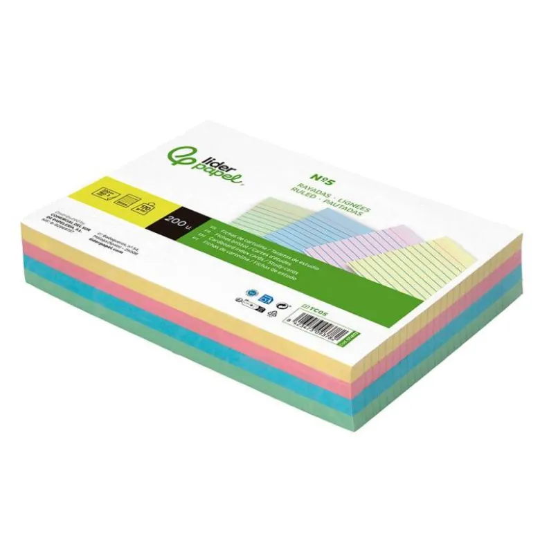 TARJETA LIDERPAPEL PARA ESTUDIAR RAYADA CARTULINA DE COLORES 170 GR/M2 160X220MM PAQUETE DE 200 UNIDADES