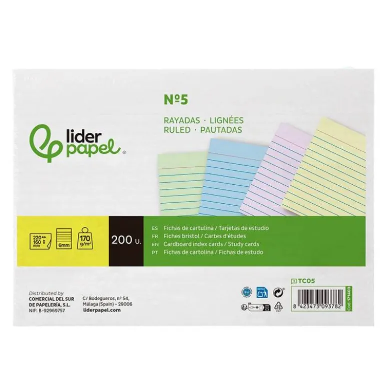 TARJETA LIDERPAPEL PARA ESTUDIAR RAYADA CARTULINA DE COLORES 170 GR/M2 160X220MM PAQUETE DE 200 UNIDADES
