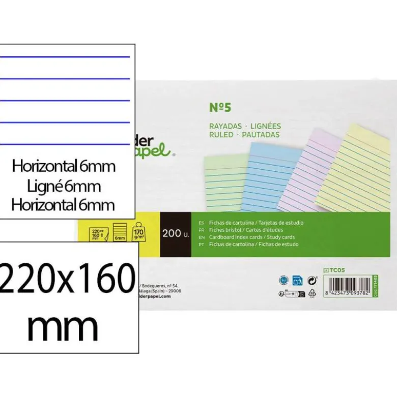TARJETA LIDERPAPEL PARA ESTUDIAR RAYADA CARTULINA DE COLORES 170 GR/M2 160X220MM PAQUETE DE 200 UNIDADES