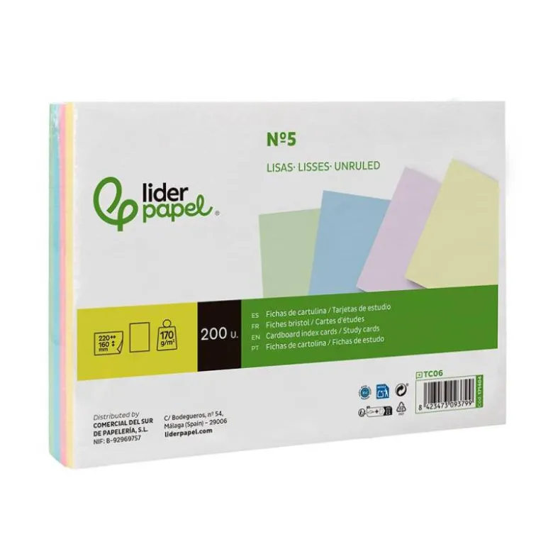 TARJETA LIDERPAPEL PARA ESTUDIAR LISA CARTULINA DE COLORES 170 GR/M2 160X220MM PAQUETE DE 200 UNIDADES