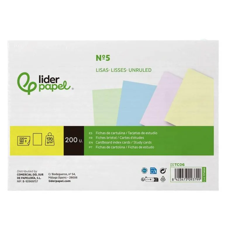 TARJETA LIDERPAPEL PARA ESTUDIAR LISA CARTULINA DE COLORES 170 GR/M2 160X220MM PAQUETE DE 200 UNIDADES