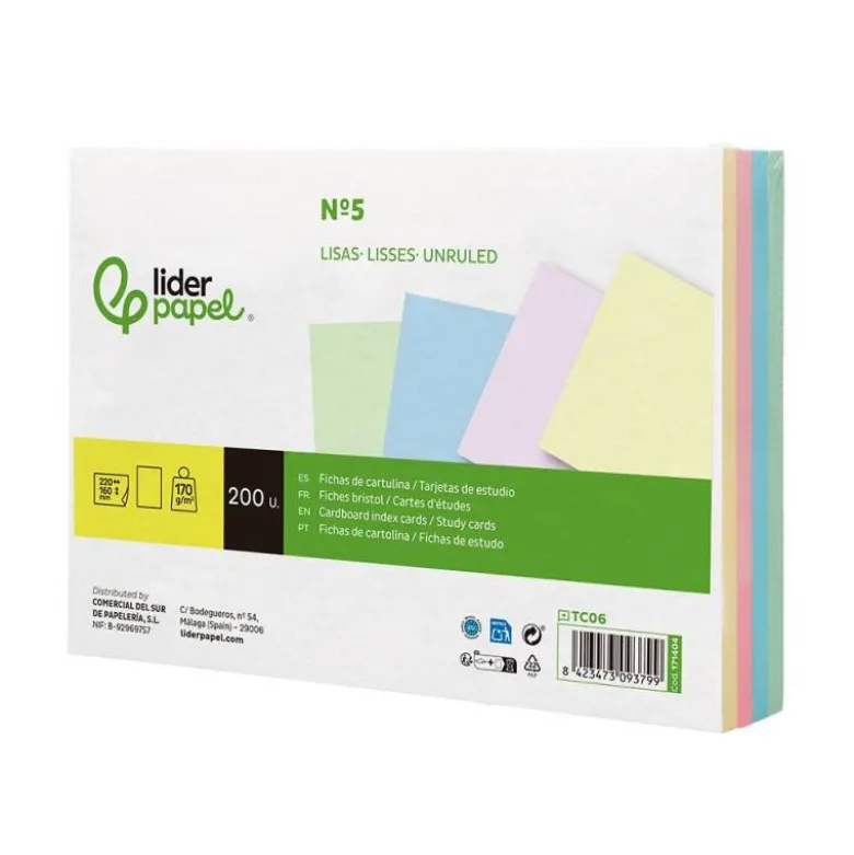 TARJETA LIDERPAPEL PARA ESTUDIAR LISA CARTULINA DE COLORES 170 GR/M2 160X220MM PAQUETE DE 200 UNIDADES