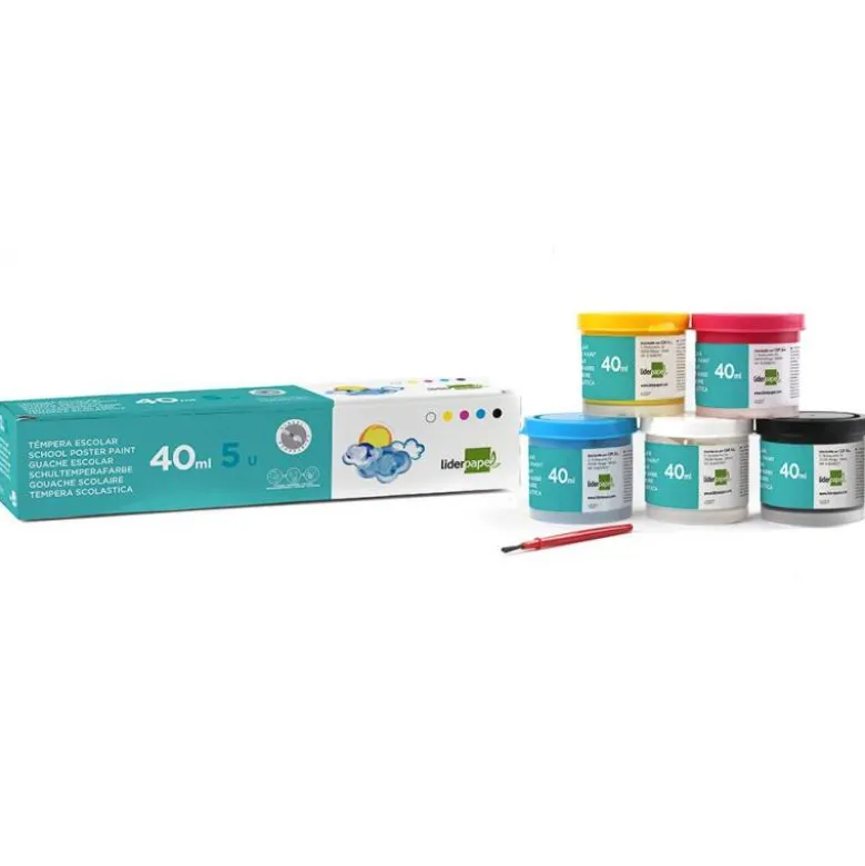 Tempera Escolar Liderpapel 5 Colores Surtidos 40ml + pincel