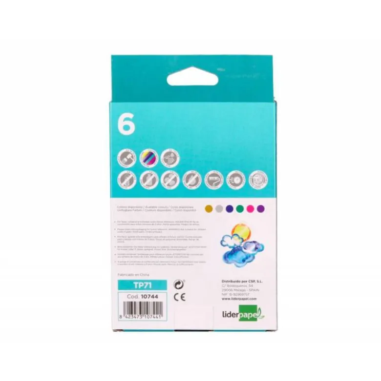 TEMPERA SOLIDA EN BARRA LIDERPAPEL ESCOLAR 10 GR CAJA DE 6 COLORES SURTIDOS