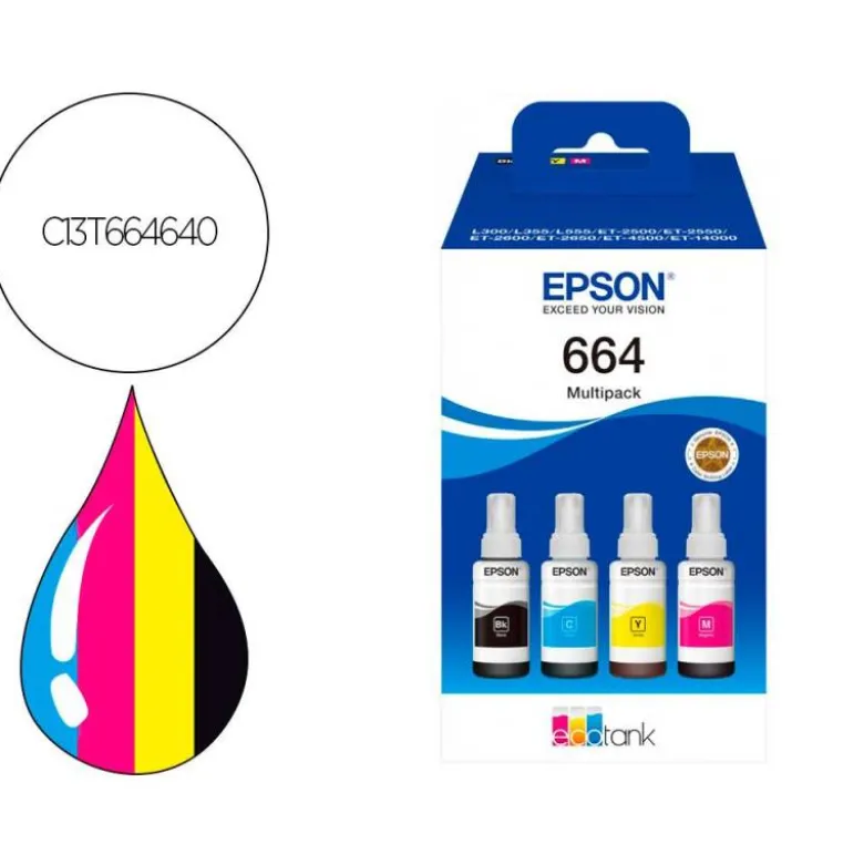 TINTA EPSON 664 COLOR AMARILLO, MAGENTA, CIAN Y NEGRO C13T664640 ECOTANK L300 / L355 / L555 / ET-2500 / ET-2550 / ET-2600
