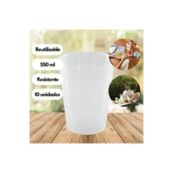 VASO DE PLASTICO REUTILIZABLE TRANSPARENTE 550 ML PAQUETE DE 10 UNIDADES
