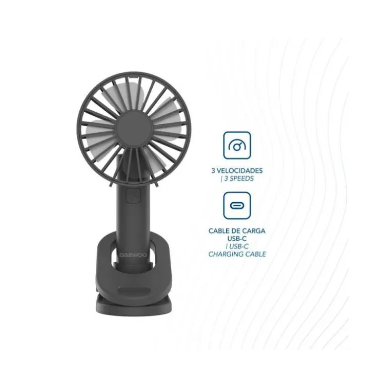 VENTILADOR DE MANO DAEWOO HIGH POWER 5W 3 VELOCIDADES RECARGABLE USB-C COLOR NEGRO